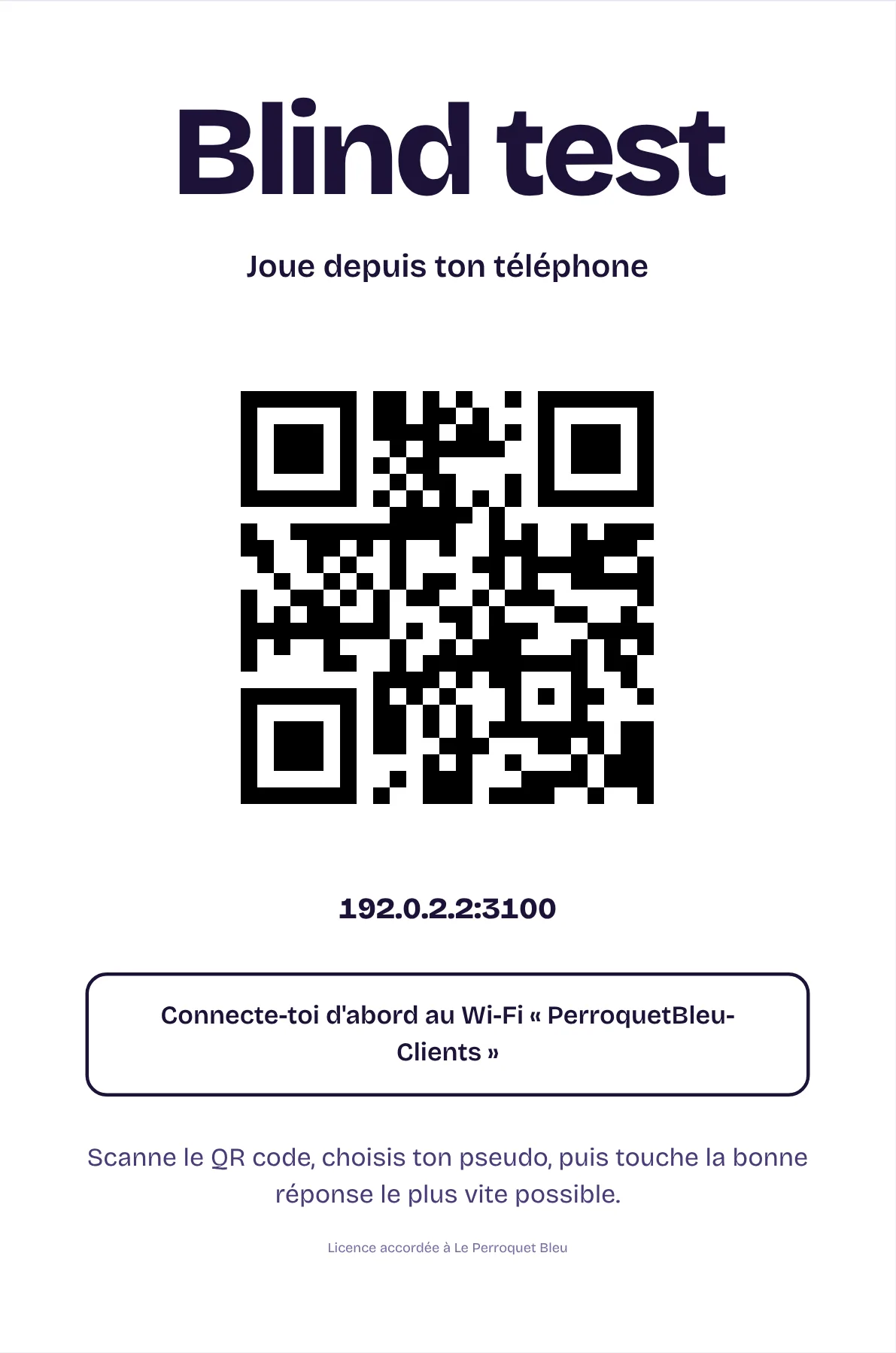 L'affiche à imprimer : « Blind test, joue depuis ton téléphone », un grand QR code et le nom du Wi-Fi.
