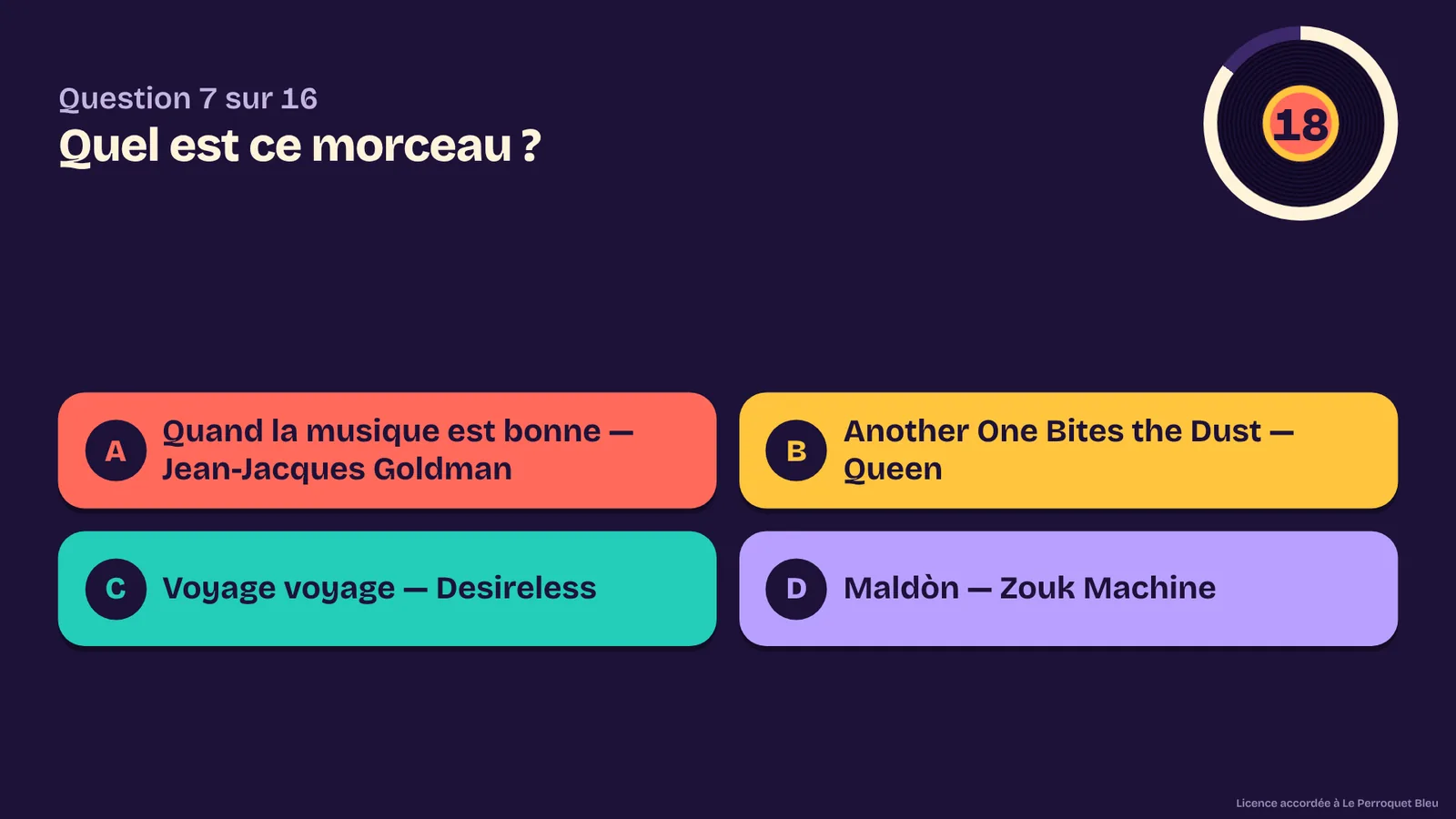 L'écran public pendant une question : « Quel est ce morceau ? », quatre propositions de couleur et le chrono à 18 secondes.