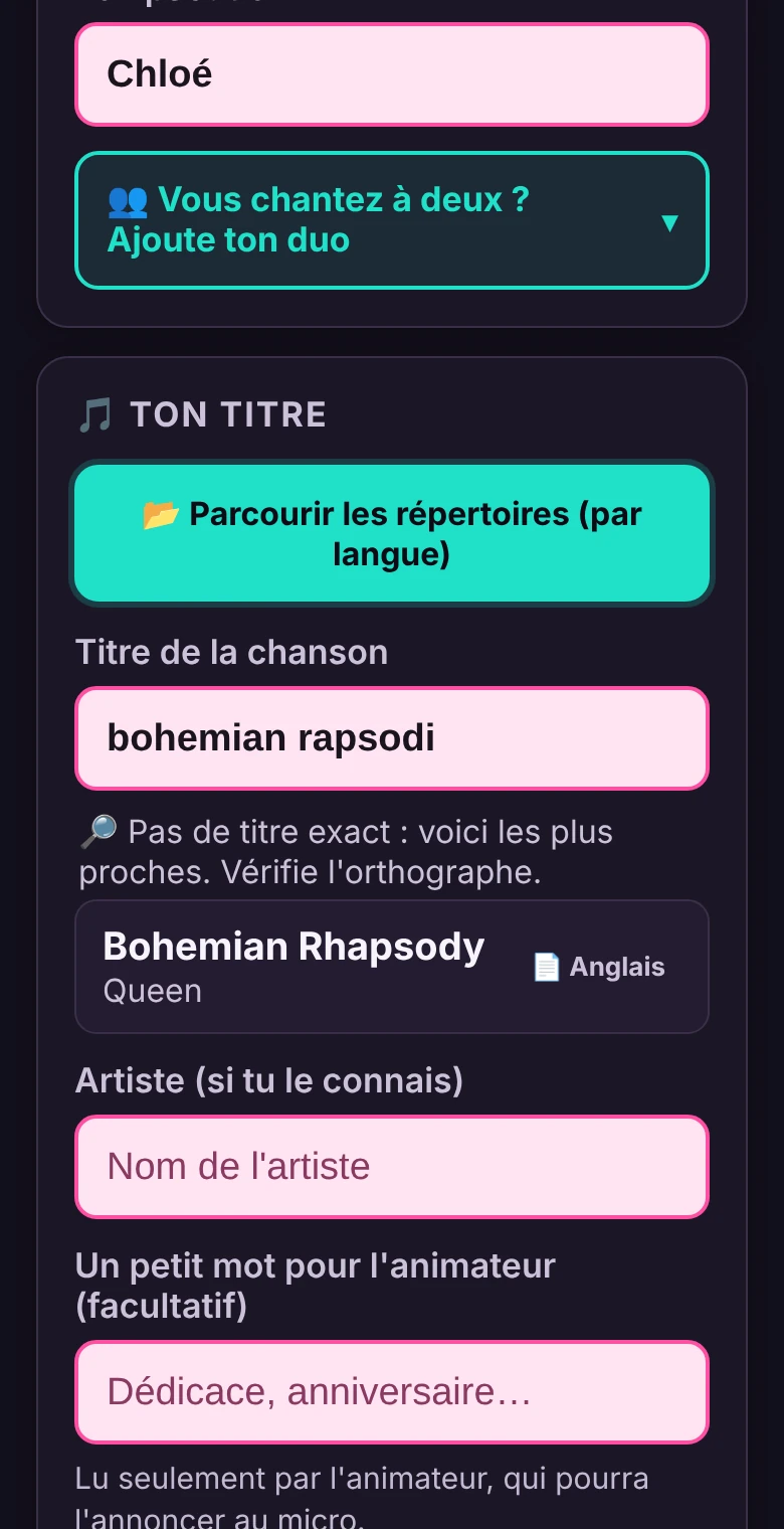 Le téléphone d'une chanteuse, qui cherche sa chanson dans le répertoire.