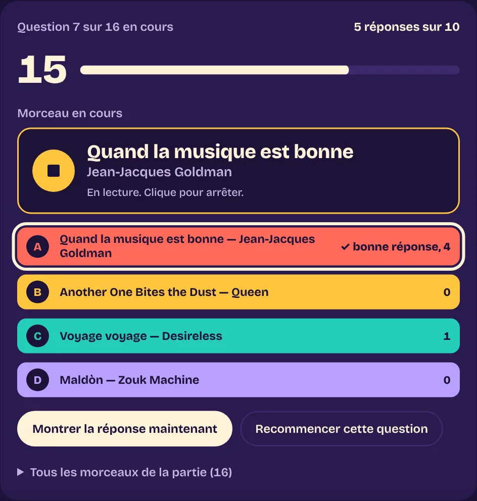 L'écran de l'animateur pendant la question 7 : le morceau en lecture, 15 secondes au chrono, 5 réponses sur 10, et la bonne réponse cochée parmi les quatre propositions.