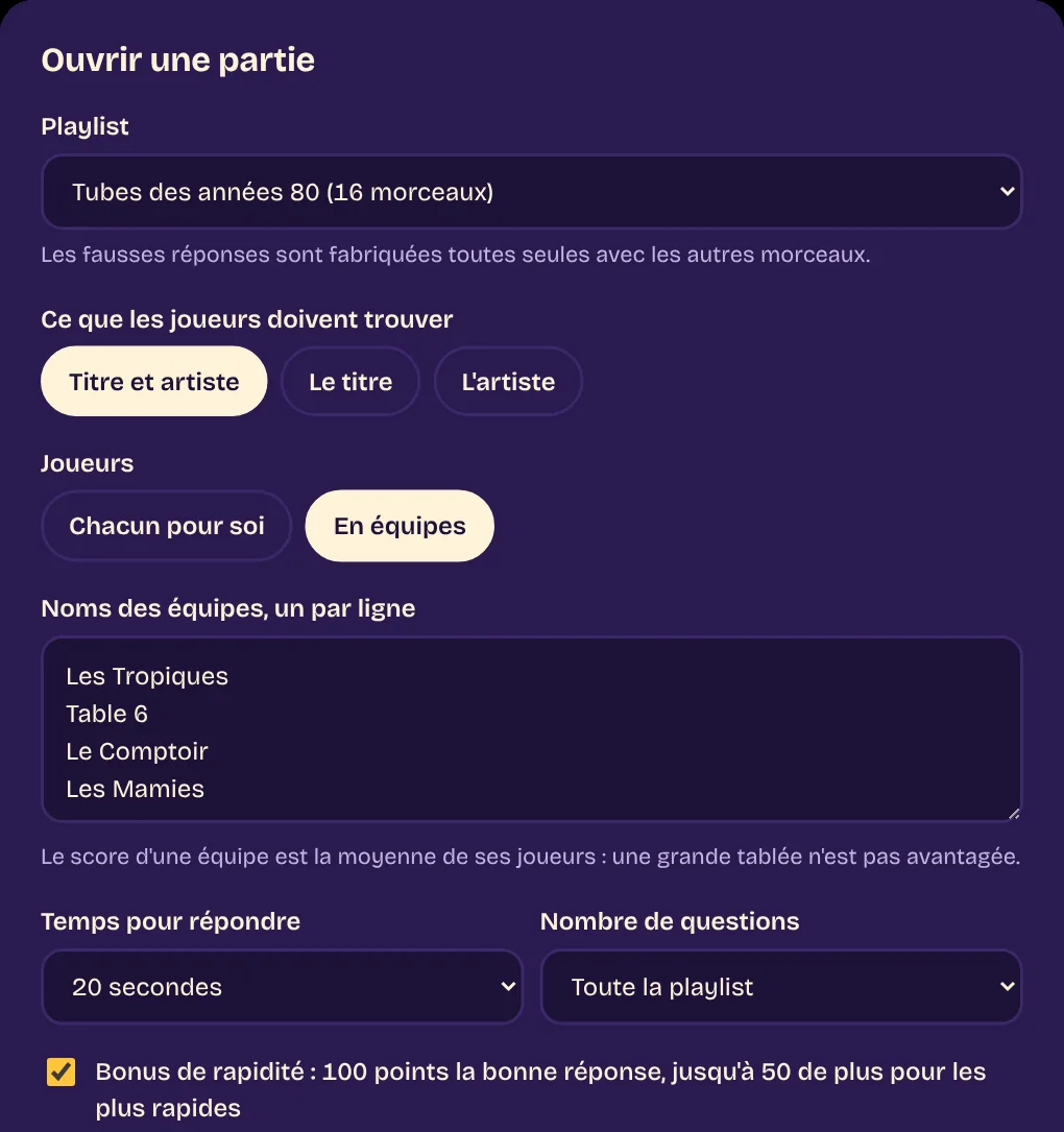 La fenêtre « Ouvrir une partie » : la playlist, « Titre et artiste », « En équipes » avec quatre noms d'équipes, 20 secondes pour répondre et le bonus de rapidité coché.