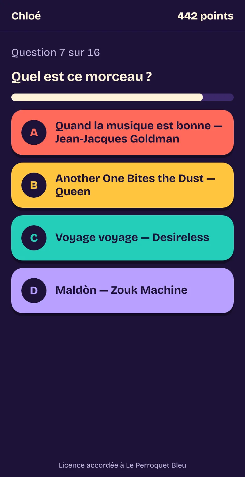 Le téléphone d'une joueuse, Chloé : la même question, avec les quatre propositions à toucher.
